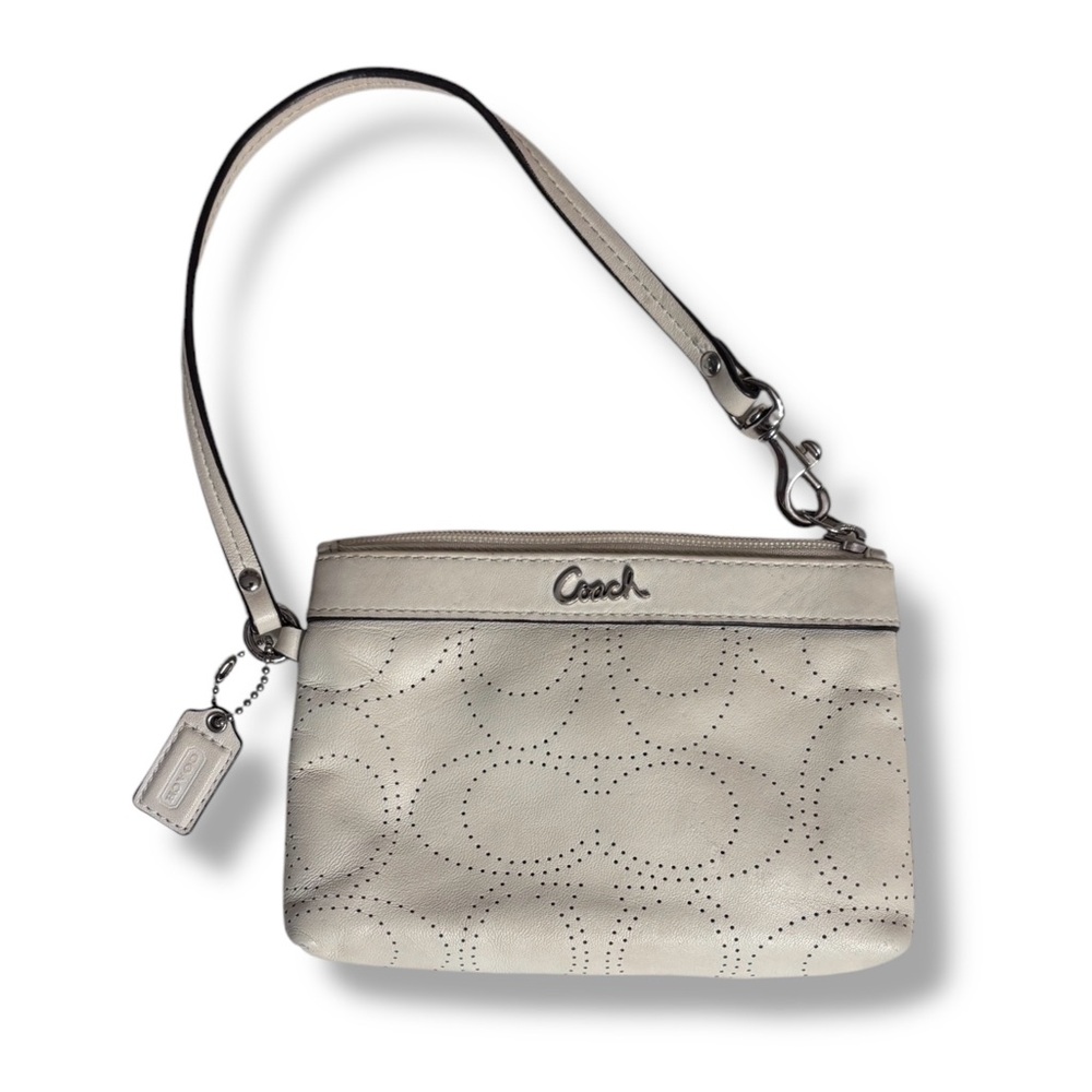 COACH Cream Perforated Leather Zip Top Wristlet Y2K